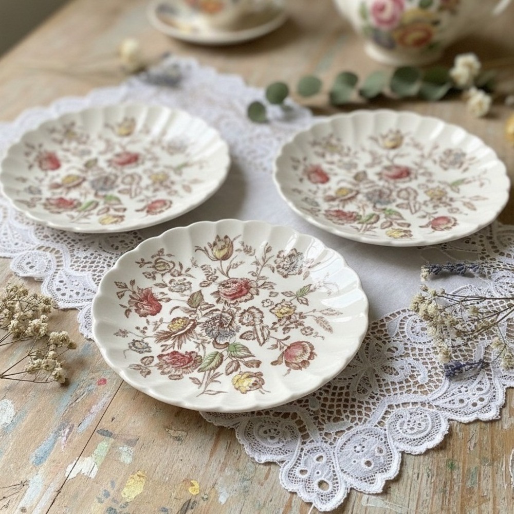 3 Johnson Brothers Staffordshire Bouquet Vintage Saucers  *